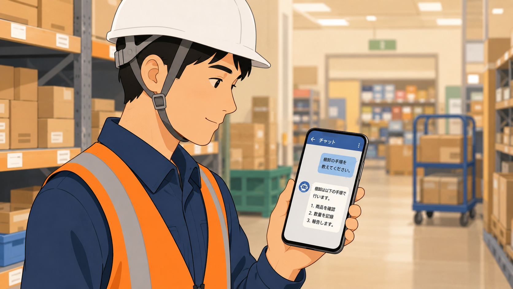 工場や店舗などの現場でスマートフォンのLINEから社内マニュアルを確認する作業員のイメージ