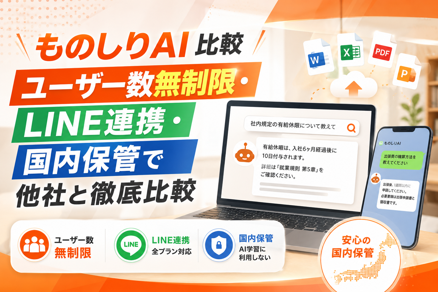 ユーザー数無制限・LINE連携・国内データ保管を特徴とするものしりAIの比較イメージ